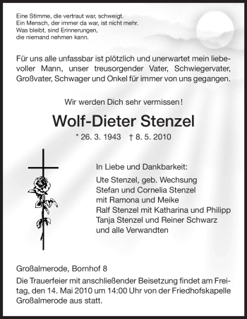 Todesanzeige von Wolf-Dieter Stenzel von HNA