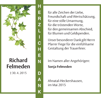 Todesanzeige von Richard Felmeden von HNA