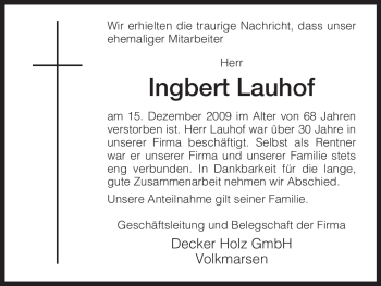 Todesanzeige von Ingbert Lauhof von HNA