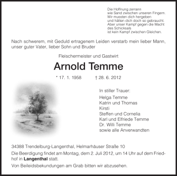 Todesanzeige von Arnold Temme von HNA