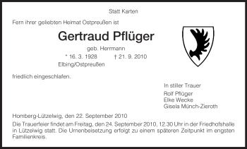 Todesanzeige von Gertraud Pflüger von HNA