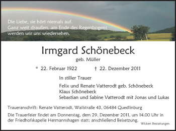 Todesanzeige von Irmgard Schönebeck von HNA