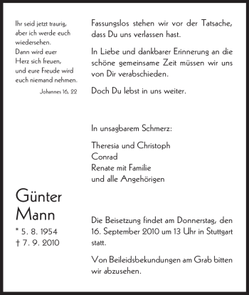 Todesanzeige von Günter Mann von HNA