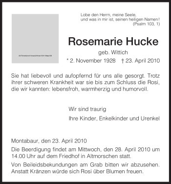 Todesanzeige von Rosemarie Hucke von HNA