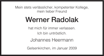 Todesanzeige von Werner Radolak von HNA