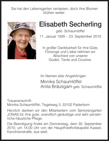 Todesanzeige von Elisabeth Secherling von HNA