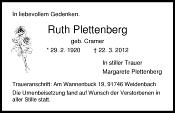 Todesanzeige von Ruth Plettenberg von HNA