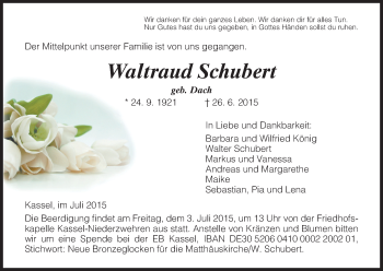 Todesanzeige von Waltraud Schubert von HNA