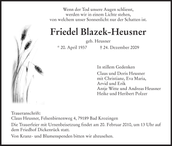 Todesanzeige von Friedel Blazek-Heusner von HNA
