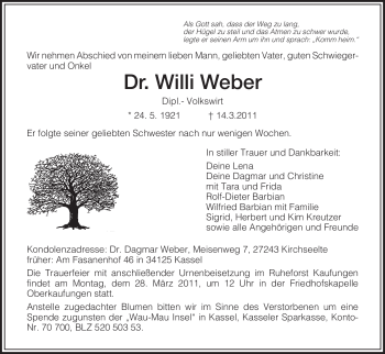 Todesanzeige von Willi Weber von HNA