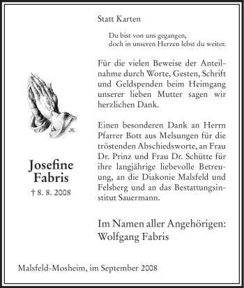 Todesanzeige von Josefine Fabris von HNA