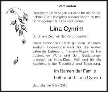 Todesanzeige von Lina Cynrim von HNA