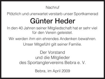 Todesanzeige von Günter Heder von HNA