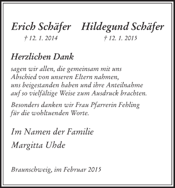 Todesanzeige von Erich und Hildegund Schäfer von HNA