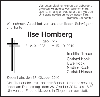 Todesanzeige von Ilse Homberg von HNA