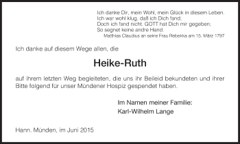 Todesanzeige von Heike-Ruth Lange von HNA