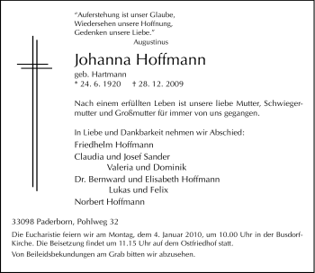 Todesanzeige von Johanna Hoffmann von HNA