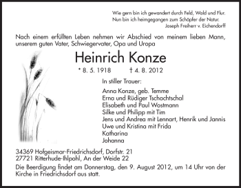 Todesanzeige von Heinrich Konze von HNA