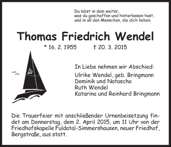 Todesanzeige von Thomas Friedrich Wendel von HNA