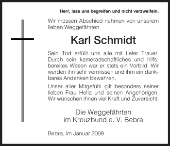 Todesanzeige von Karl Schmidt von HNA