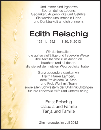 Todesanzeige von Edith Reischig von HNA