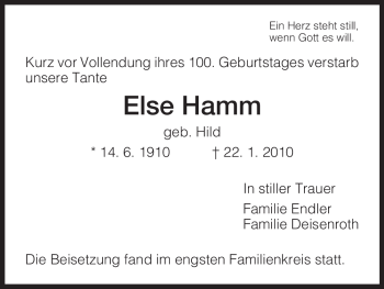 Todesanzeige von Else Hamm von HNA