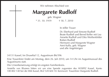 Todesanzeige von Margarete Rudloff von HNA