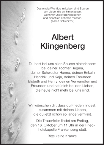 Todesanzeige von Albert Klingenberg von HNA