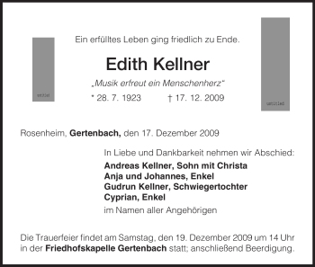 Todesanzeige von Edith Kellner von HNA