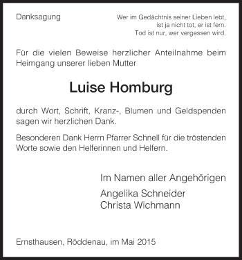 Todesanzeige von Luise Homburg von HNA