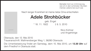 Todesanzeige von Adele Strohbücker von HNA