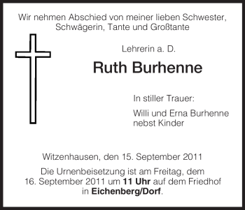 Todesanzeige von Ruth Burhenne von HNA
