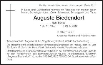 Todesanzeige von Auguste Biedendorf von HNA