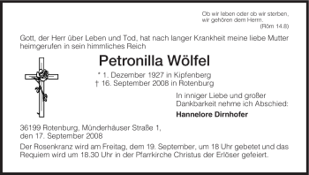 Todesanzeige von Petronilla Wölfel von HNA