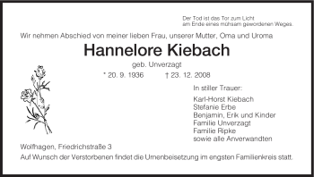Todesanzeige von Hannelore Kiebach von HNA