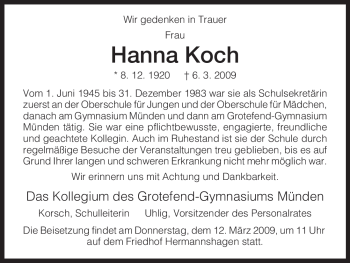 Todesanzeige von Hanna Koch von HNA
