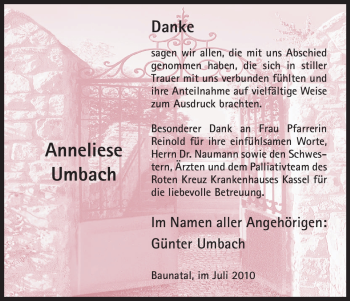 Todesanzeige von Anneliese Umbach von HNA