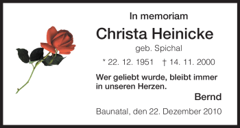 Todesanzeige von Christa Heinicke von HNA