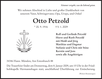 Todesanzeige von Otto Petzold von HNA