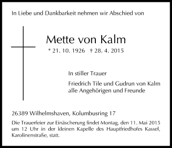 Todesanzeige von Mette von Kalm von HNA