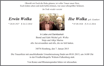 Todesanzeige von Erwin und Ilse Wolka von HNA