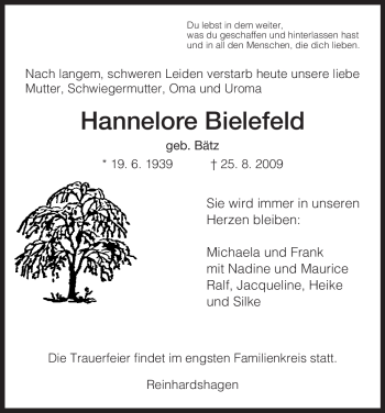 Todesanzeige von Hannelore Bielefeld von HNA