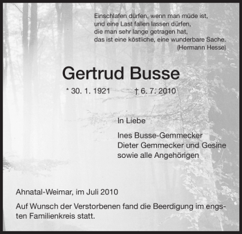 Todesanzeige von Gertrud Busse von HNA