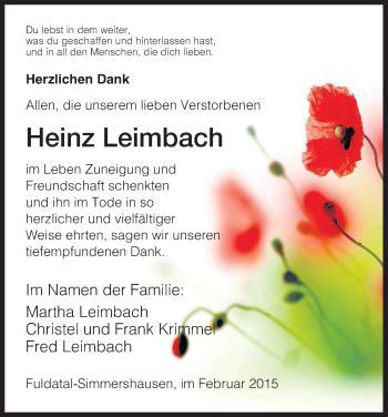 Todesanzeige von Heinz Leimbach von HNA