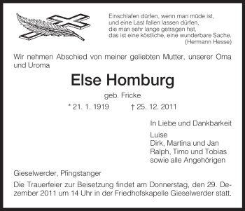 Todesanzeige von Else Homburg von HNA