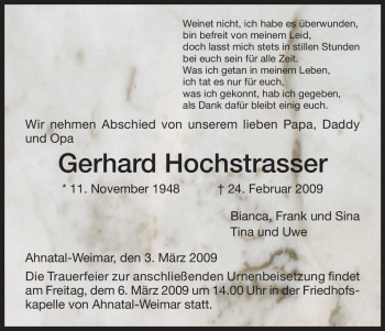 Todesanzeige von Gerhard Hochstrasser von HNA