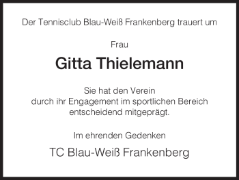 Todesanzeige von Gitta Thielemann von HNA