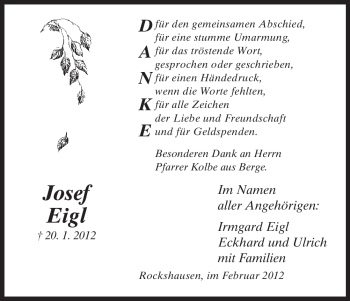Todesanzeige von Josef Eigl von HNA