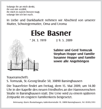 Todesanzeige von Else Basner von HNA