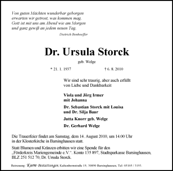 Todesanzeige von Ursula Storck von HNA